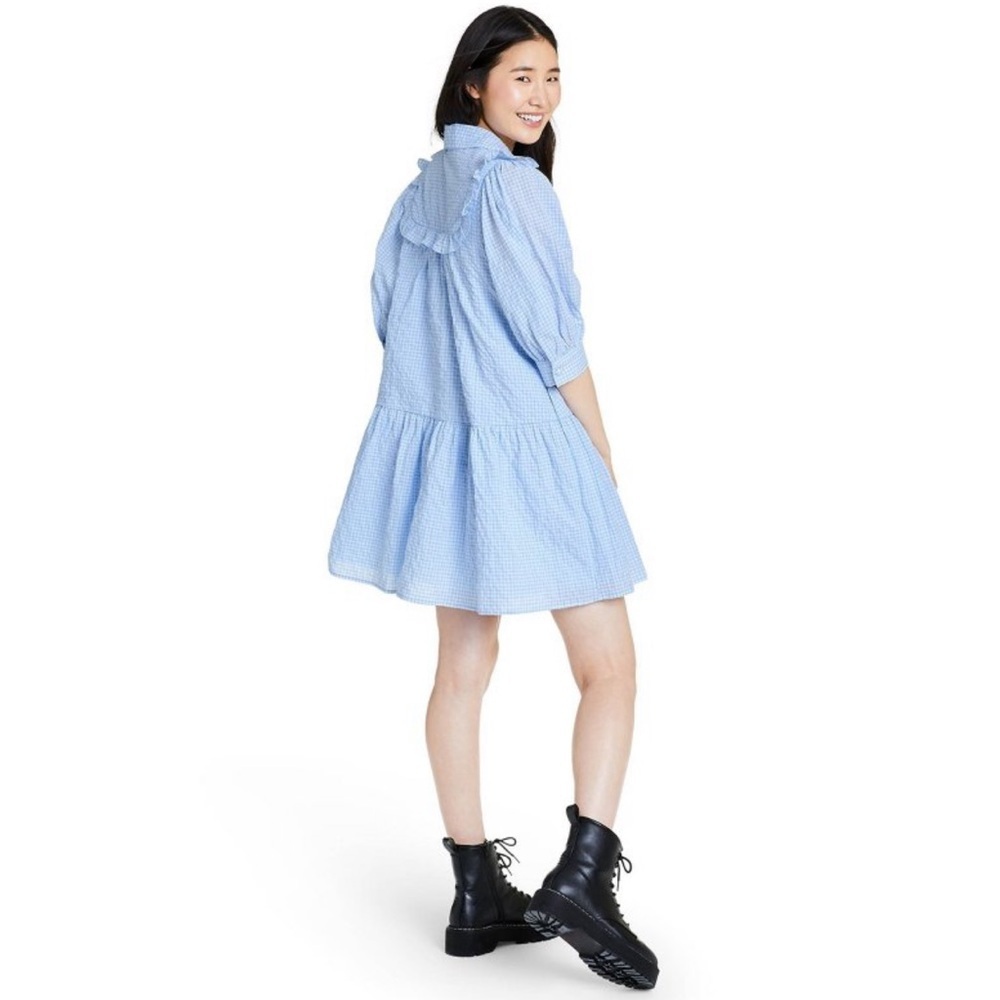 NWOT Sandy Liang Blue Gingham 3/4 Sleeve Dress - Picture 3 of 12